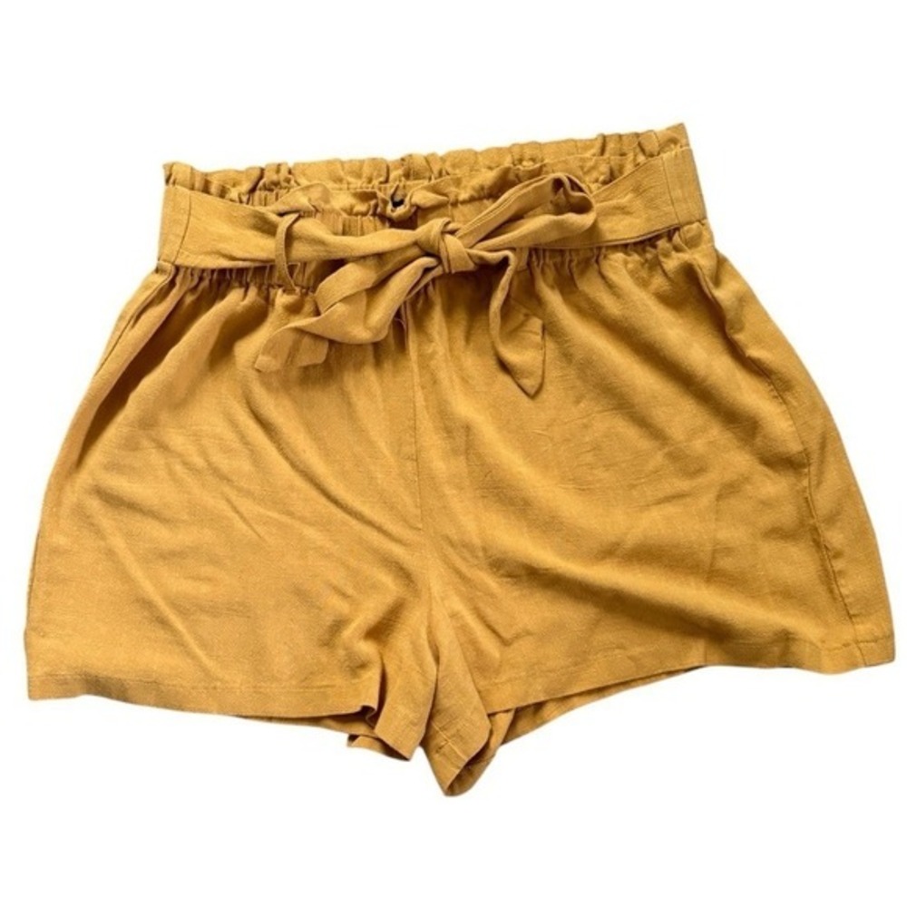 Mustard Yellow Paperbag Waist Tie-Front Shorts L Boho Coastal Casual Euro Summer - Picture 2 of 4